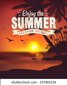 Vintage Summer poster | Sunset tropical beach with palm trees | Vector EPS 10  