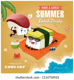 Vintage Summer poster with tamago, Hokkigai sushi character, palm tree.