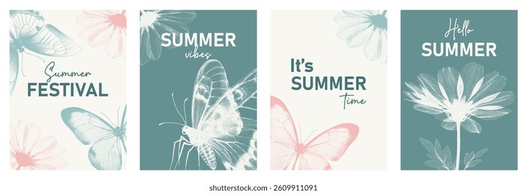 Vintage summer posters set with photocopy effect. Butterflies, wildflowers retro decor. Vector summer vacation illustrations.