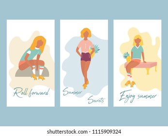 Vintage summer posters with three roller girls. Suitable for invitations, greetings, blogs and media