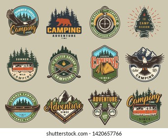 Vintage summer recreation logos, colorful prints with eagle, bear, navigational compass, travel trucks, tent, canoe, binoculars, forest and mountain landscapes isolated vector illustration
