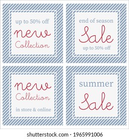 vintage summer sale elegant blue red and white stripy poster and banner with cursive lettering