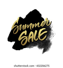Vintage summer sale inscription. Golden sale lettering on black halftone dots ink background isolated on white background.