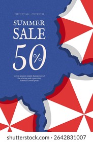 Vintage Summer Sale Template with Beach Umbrella on Texture Background in Flat Style. Modern Concept Travel Holiday Abstract Background. Summer Vector Illustration.