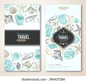 Vintage Summer Sea Shells Banner Design. Vector Background With Seashells, Seastar And Sand. Hand Drawn Etching Style. Place For Your Text. Travel Flyer Template. Emblem With Anchor.