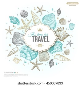 Vintage Summer Sea Shells Banner Design. Vector Background with Seashells, Seastar and Sand. Hand Drawn Etching Style. Place for Your Text. Travel Emblem Template with Crown.