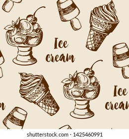 Vintage summer seamless pattern with different ice cream. Hand drawn vector background