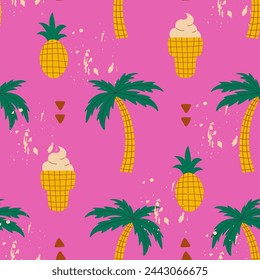 Vintage summer seamless pattern with palm tree. Vibrant colored summer background with pineapple fruit and ice cream. Repeat vector illustration with shabby texture