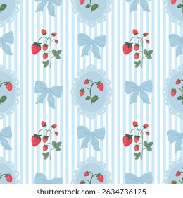 Vintage summer seamless pattern with strawberries and bows, coquette wallpaper with fruits and frames