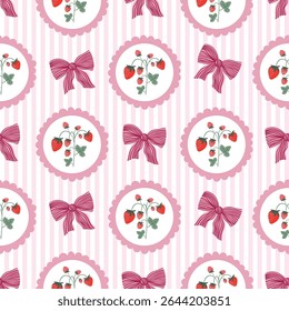 Vintage summer seamless pattern with strawberries and bows, coquette wallpaper with fruits and frames
