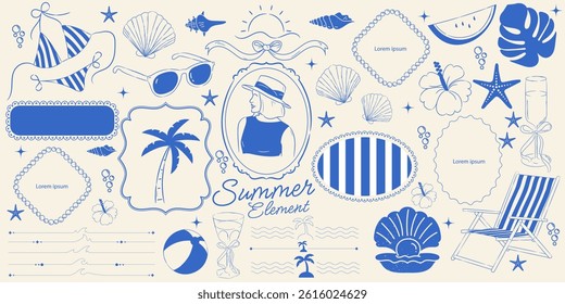 Vintage summer set of doodle hand drawn objects. Vintage summer symbols. Vacations, tourism, logo, frame, divider, icon.