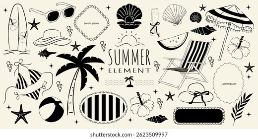 Vintage summer set of doodle hand drawn objects. Vintage summer symbols. Vacations, tourism, logo, frame