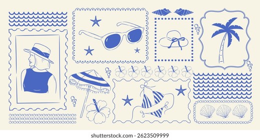 Vintage summer set of doodle hand drawn objects. Vintage summer symbols. Vacations, tourism, logo, frame