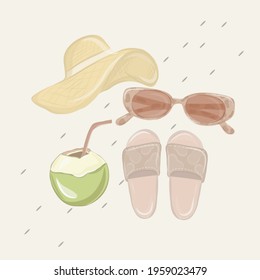 Vintage Summer set with flip-flops, sunglasses, hat. Hand drawn vector illustration. Perfect for summertime poster, card, scrapbooking , tag, invitation, sticker kit.