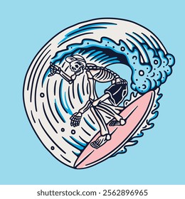 Vintage Summer A skeleton surfing on a wave