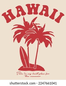 Vintage summer slogan print with palm trees and surfboard illustration for graphic tee t shirt or sticker poster - Vector