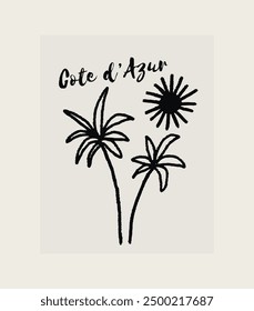 Vintage summer slogan print with palm tree sun sea ocean wave drawing illustration for graphic tee t shirt or canvas poster sticker - Vector