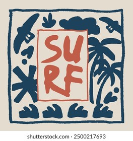 Vintage summer slogan print with palm tree sun sea ocean wave drawing illustration for graphic tee t shirt or canvas poster sticker - Vector