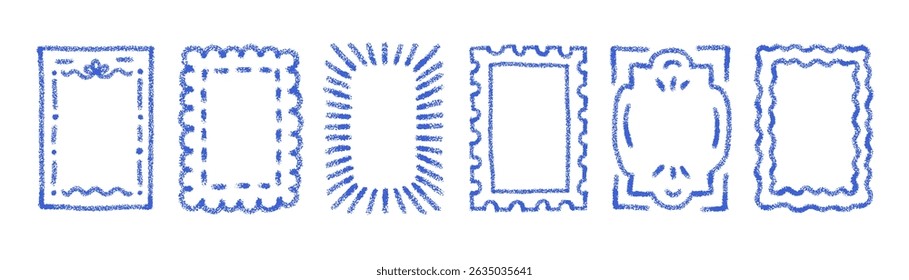 Vintage summer stamp frames with wavy borders. Doodle squiggle frames in italian coastal style. Crayon simple rectangle shapes, vector illustration