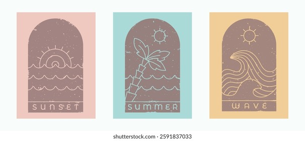 Vintage summer stamp, t short design template set. Simple sunset, sea, ocean vector illustration for surf club, surf shop, surf merch.