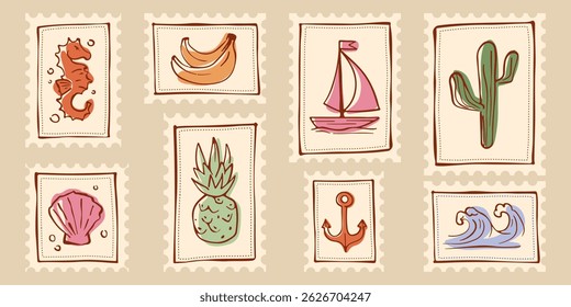 Vintage summer stamps set isolated on background. Vector illustration of old postage seals with seahorse, shell, anchor, sailboat, wave, pineapple, banana, cactus icons, retro mail stickers design