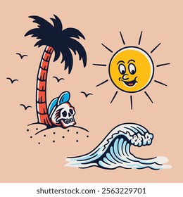 Vintage Summer Sun Palm Tree and Waves