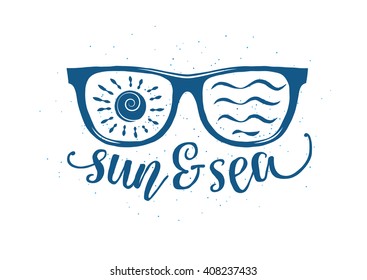 Vintage summer sunglasses with lettering quote sea and sun on white background. Vintage Summertime stamp, label, patch design. Clothing summer logo. Vector graphics and emblem for web design or print