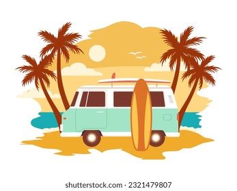 Vintage summer surf poster with a mini van vector illustration. Summertime, Beach vacation, water activity. T-shirt print