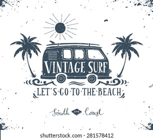 Vintage summer surf print with a mini van, palm trees and lettering.