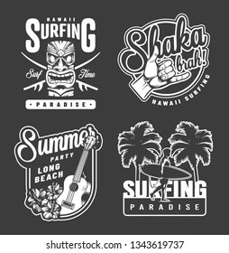 Vintage summer surfing monochrome prints with tribal tiki mask ukulele hibiscus flowers palms surfer holding surfboard shaka hand gesture isolated vector illustration