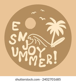 Vintage summer symbols illustration print with beach plam tree sun and seagulls elements and typography slogan for graphic tee t shirt or poster sticker - Vector