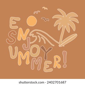 Vintage summer symbols illustration print with beach plam tree sun and seagulls elements and typography slogan for graphic tee t shirt or poster sticker - Vector