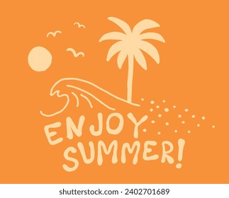 Vintage summer symbols illustration print with beach plam tree sun and seagulls elements and typography slogan for graphic tee t shirt or poster sticker - Vector