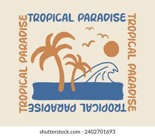 Vintage summer symbols illustration print with beach plam tree sun and seagulls elements and typography slogan for graphic tee t shirt or poster sticker - Vector