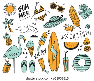 Vintage summer theme doodle set isolated on white background