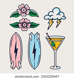 Vintage Summer Theme Surfing Board and Martini Glass