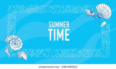 Vintage Summer Time Banner design template. Retro hand drawn sketch seashells. Best for travel, vacation, party and sales designs. 