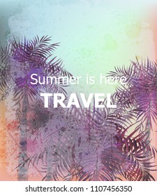 Vintage Summer travel card Vector. Palm trees tropic backgrounds. Ultra violet trendy color