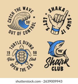 Vintage Summer, Tropical emblems. Emblems set for t-shirt print, poster, label, flyer design or Beach events. Rustic and retro style Nautical logo. Vector Illustration.