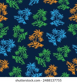 Vintage Summer tropical Hawaii Aloha island, Beach Vibes Seamless pattern Vector Illustration, Design for fashion, fabric, textile, wallpaper, wrapping 
 and Seamless coconut tree pattern