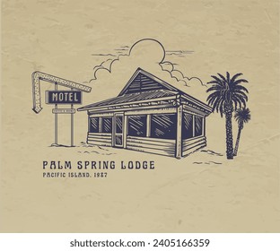 vintage summer tropical motel vector illustration, island beach motel artwork for t shirt, sticker poster, graphic print, palm spring cafe drawing 