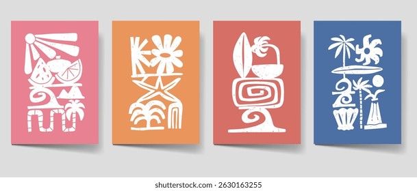 Vintage summer tropical poster set. Paradise beach bohemian illustration style for print, wall art. Minimalist boho illustration vector collection. Retro summer cover bundle. 
