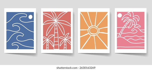 Vintage summer tropical poster set. Paradise beach bohemian illustration style for print, wall art. Minimalist boho illustration vector collection. Retro summer cover bundle. 