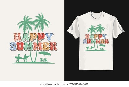 Vintage summer t-shirt design with happy summer slogan Trendy groovy print design for posters, stickers, cards, and t-shirts. Vector illustration in style retro 70s, 80s design