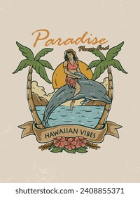 Vintage Summer T-shirt Design With illustration of Hula Hawaii dancing girl on a dolphin. Illustration With High Resolution Vector Design perfect for printing and other branding needs