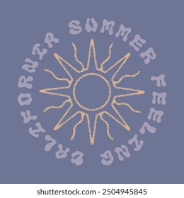 Diseño vintage de la camiseta del verano, sudadera, camisa para los hombres, las mujeres, el sol y la onda del Vector dibujados a mano, impresiones del verano para el gráfico de la playa, sol, soleado, puesta del sol, diseño de la impresión de las vibraciones de las olas del mar