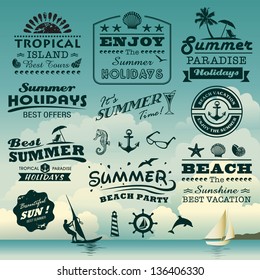 Vintage Summer Typography Design With Labels, Icons Elements Collection