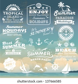 Vintage summer typography design with labels, icons elements collection