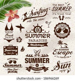 Vintage summer typography design with labels, icons elements collection