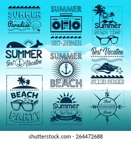 Vintage summer typography design with labels, icons elements